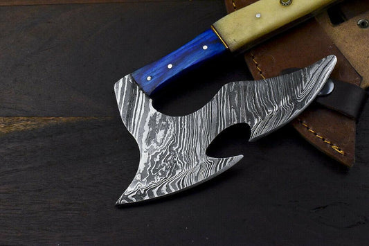 Handmade Damascus Steel Camel Bone Hunting Clever Chopper Axe Knife with Leather Sheath