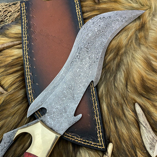 Heritage Forge Full Tang Damascus Steel Bowie Knife with Rosewood Handle and Leather Sheath