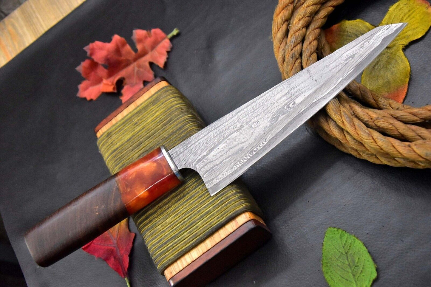 Custom San Mai Damascus Steel Chef Knife Handmade – Walnut & Resin Handle, 12.5"