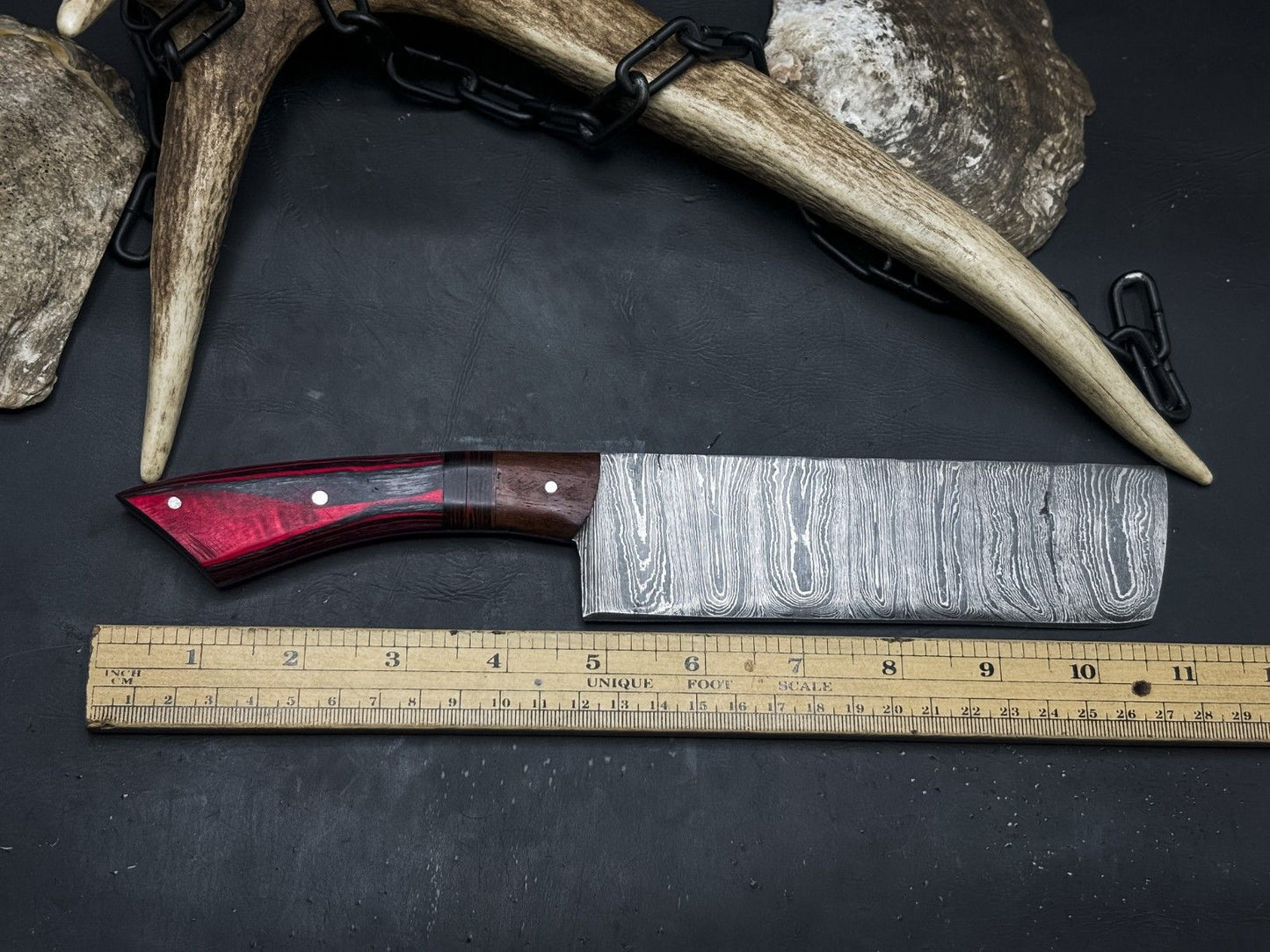 Handmade Damascus Steel Kitchen Chef Cleaver Knife – Wood Handle with Cowhide Sheath