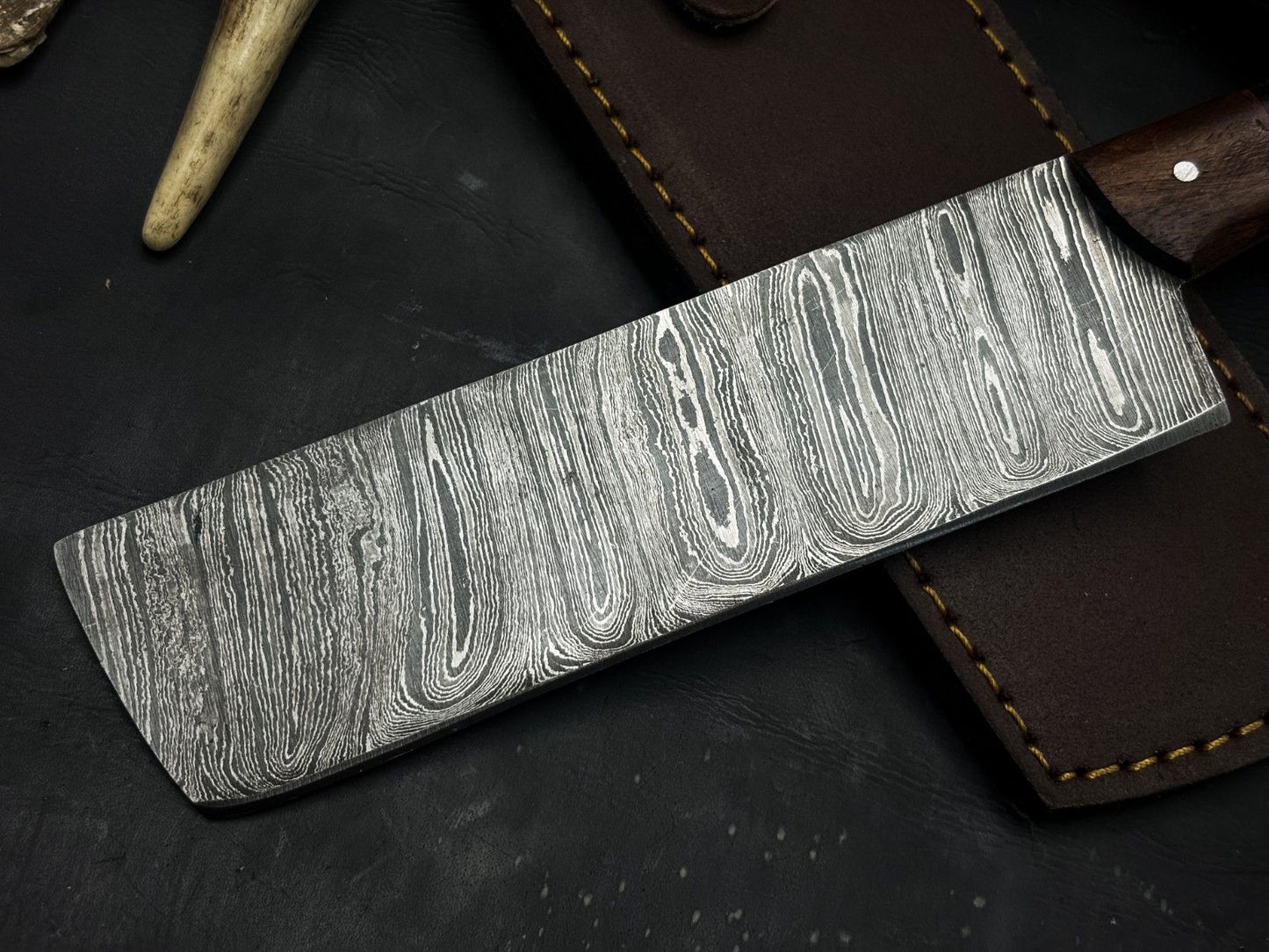 Handmade Damascus Steel Kitchen Chef Cleaver Knife – Wood Handle with Cowhide Sheath