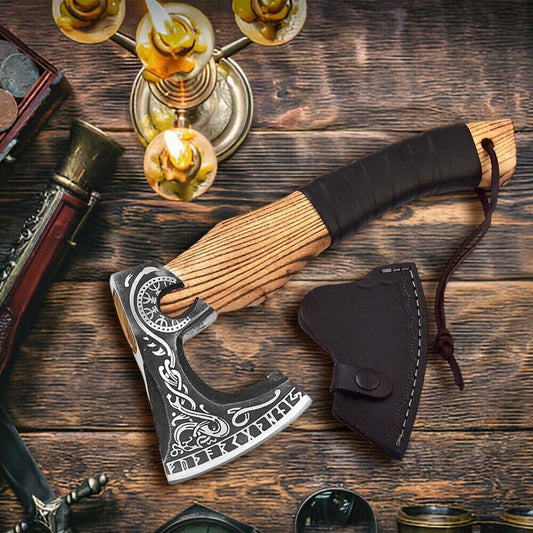 Handmade Viking Bearded Axe Hand Forged Carbon Steel Battle Ready Hatchet with Leather Sheath