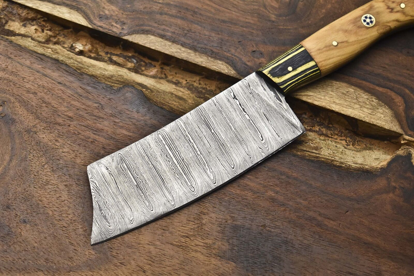 Hand Forged Clever Chopper Chef Knife B-Ring Damascus Olive Wood EDC