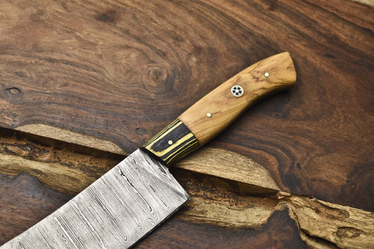 Hand Forged Clever Chopper Chef Knife B-Ring Damascus Olive Wood EDC