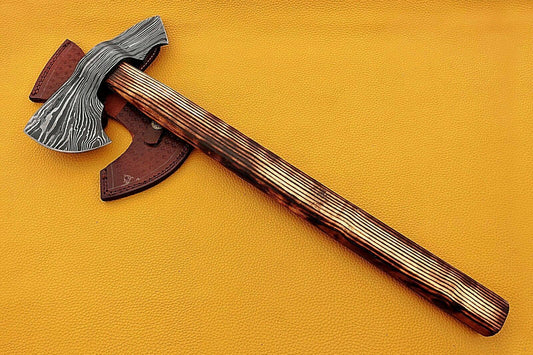 Hand Forged Damascus Ash Wood Tomahawk Axe Hatchet with Leather Sheath