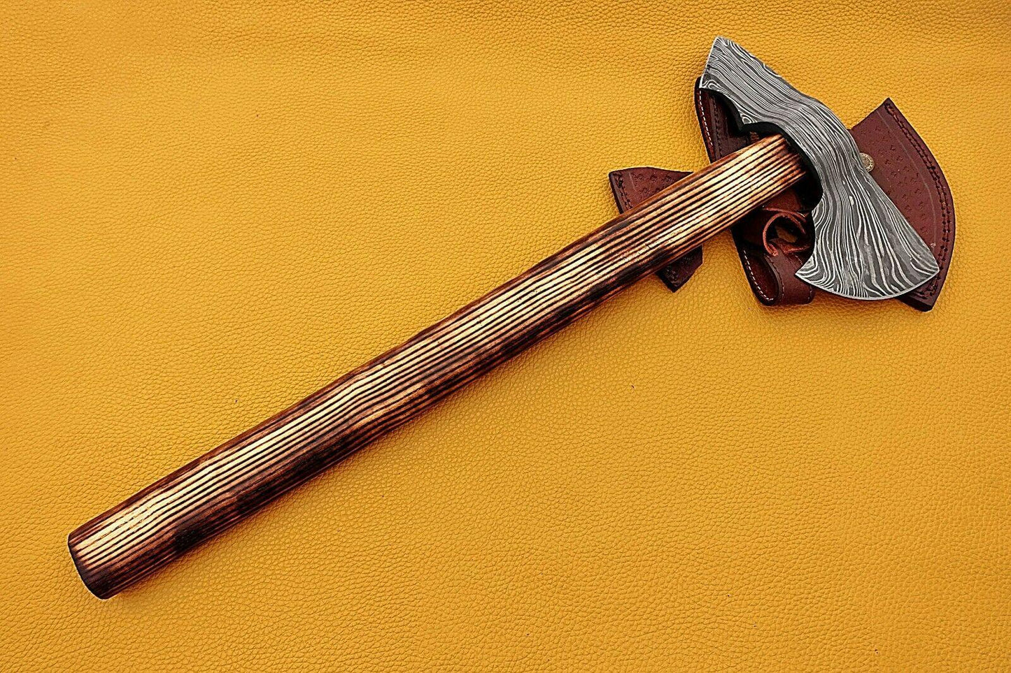 Hand Forged Damascus Ash Wood Tomahawk Axe Hatchet with Leather Sheath