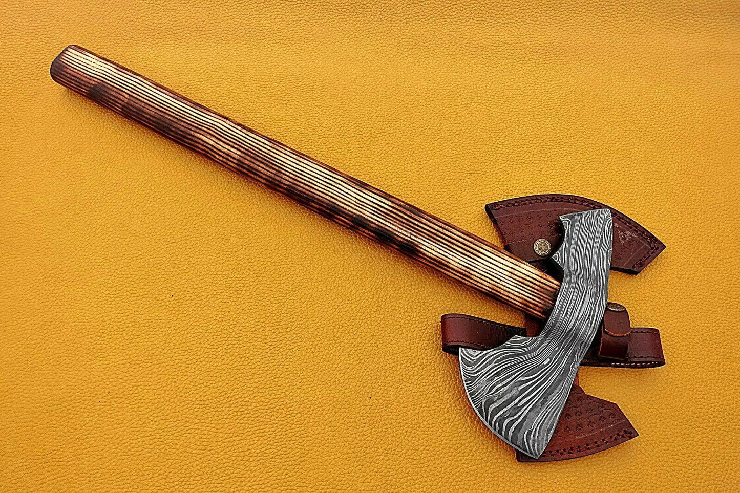 Hand Forged Damascus Ash Wood Tomahawk Axe Hatchet with Leather Sheath