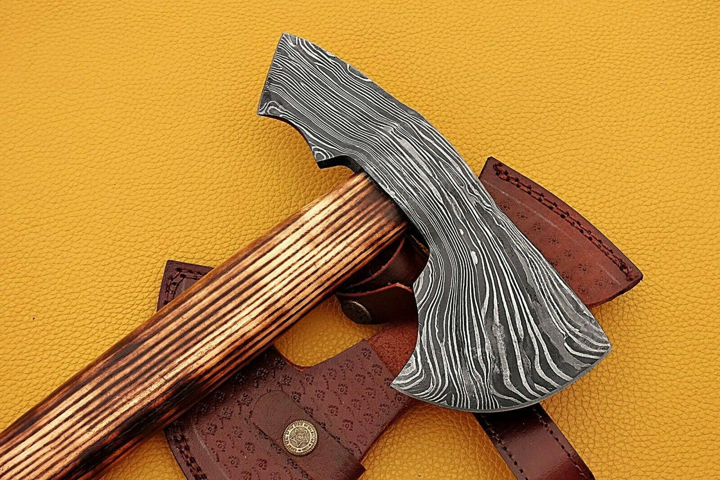 Hand Forged Damascus Ash Wood Tomahawk Axe Hatchet with Leather Sheath