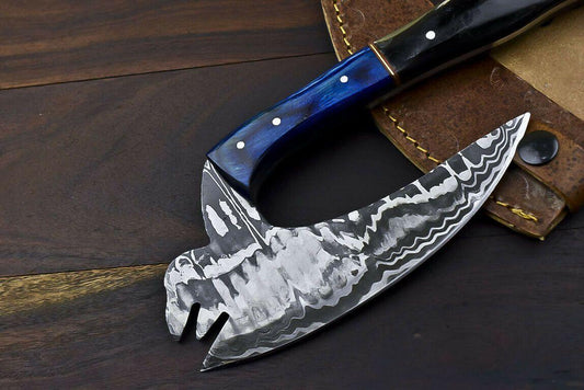 Hand Forged Damascus Axe Ram's Horn Handle Damascus Steel Axe Clever Chopper Knife with Leather Sheath
