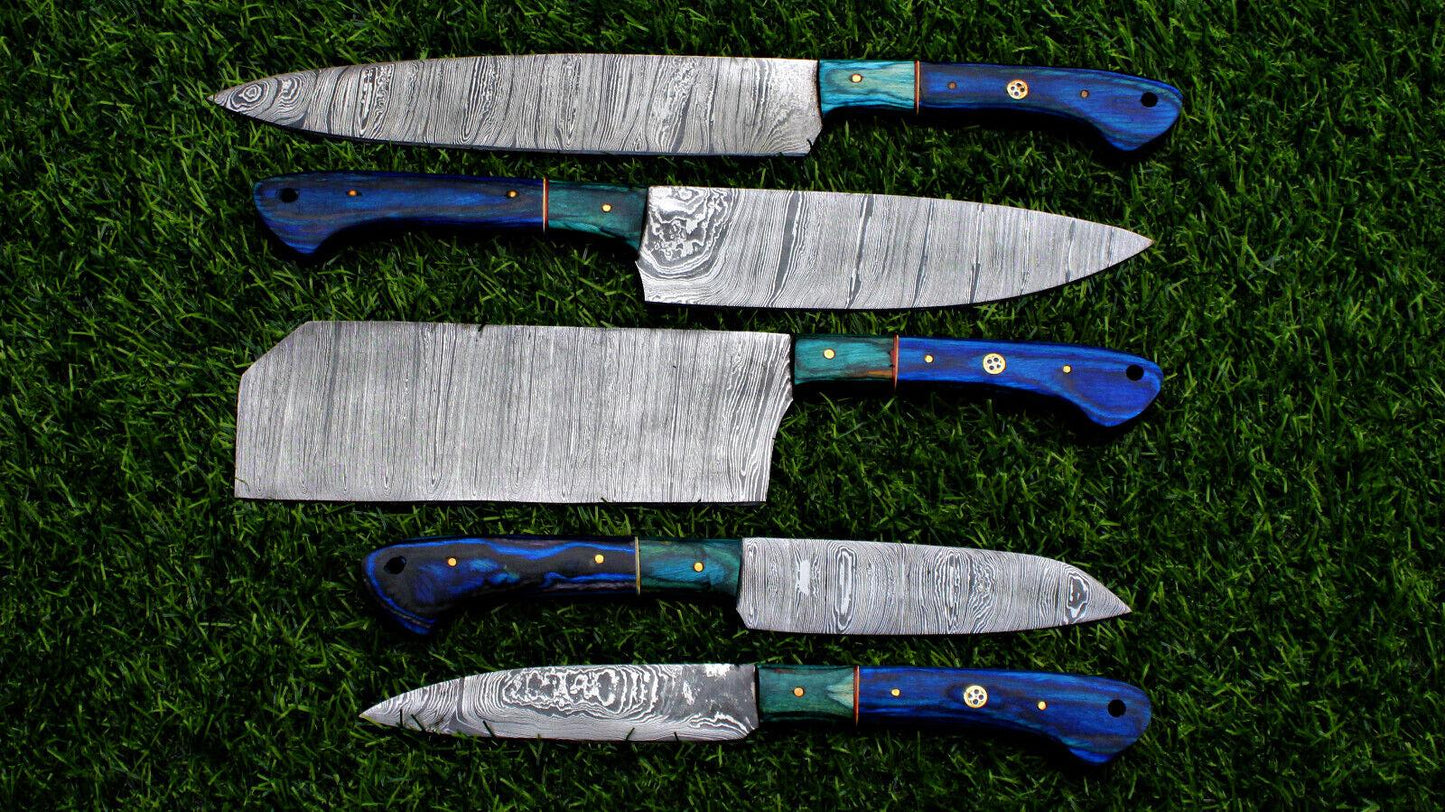 5-Piece Handmade Damascus Steel Chef Knife Set – Custom Kitchen Knives