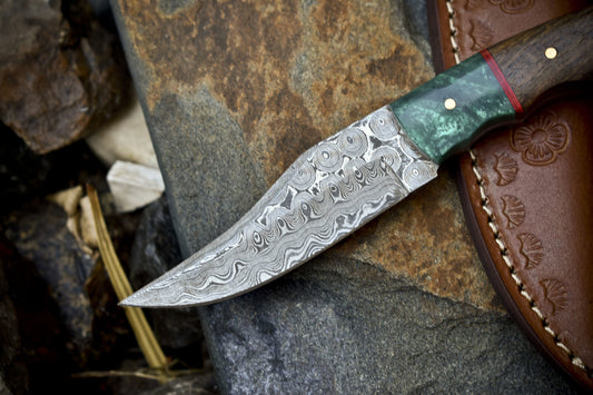 7" Raindrop Damascus Skinner Knife with Walnut Wood Handle & Micarta Bolster – Handmade Hunter