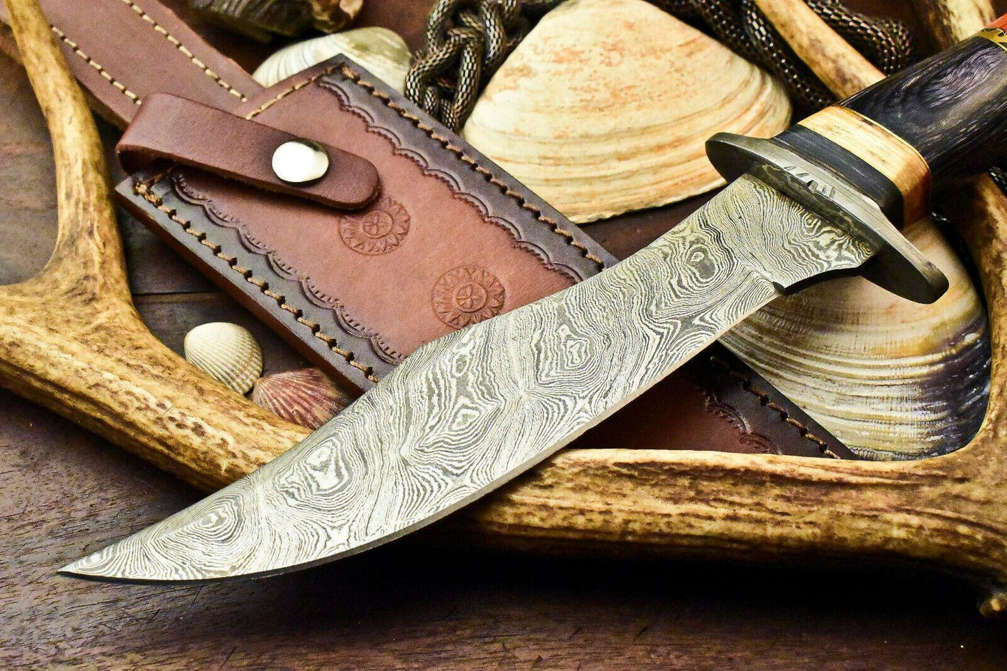 12.5" Damascus Bowie Hunting Knife – Walnut Wood Handle with Leather Sheath