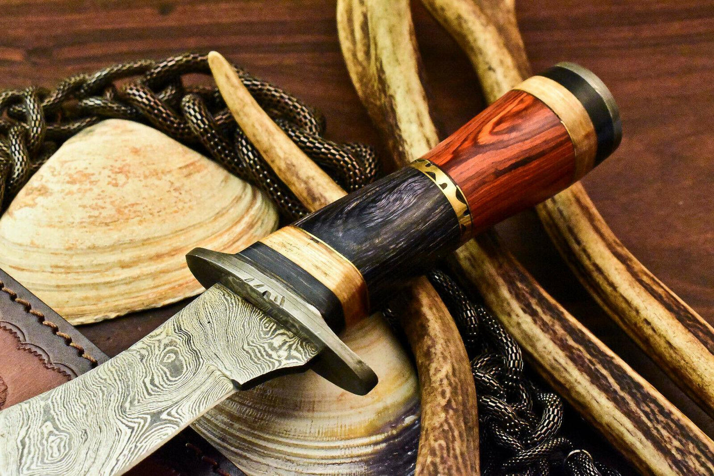 12.5" Damascus Bowie Hunting Knife – Walnut Wood Handle with Leather Sheath