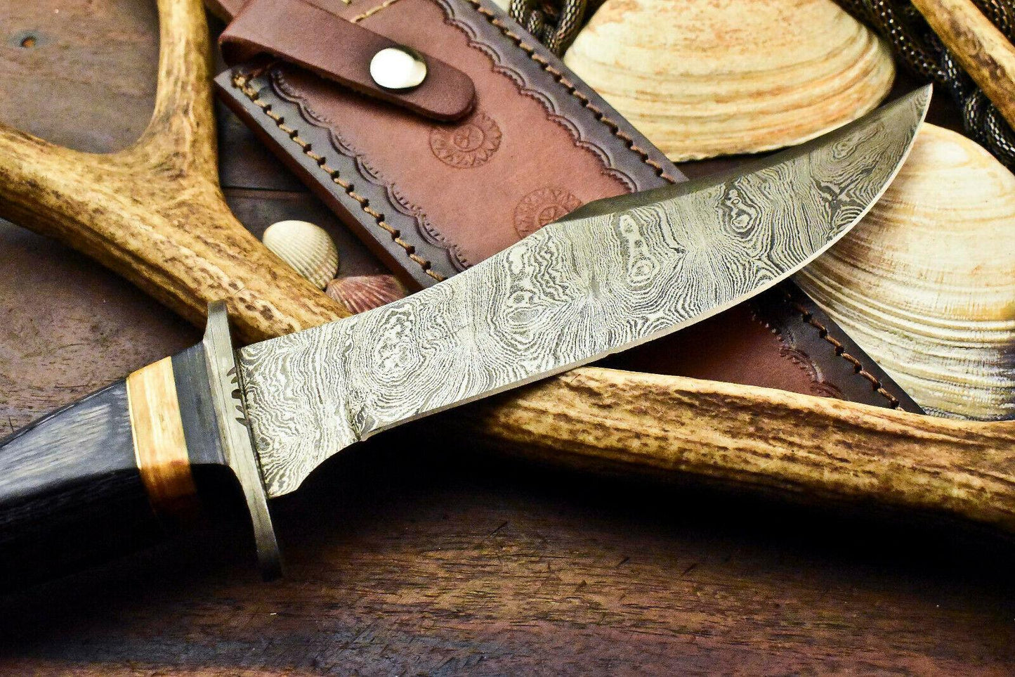Damascus Bowie – Walnut Wood Handle, 12.5" Handmade Full Tang Blade with Leather Sheath