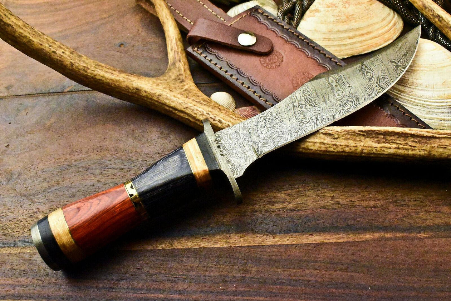 12.5" Damascus Bowie Hunting Knife – Walnut Wood Handle with Leather Sheath