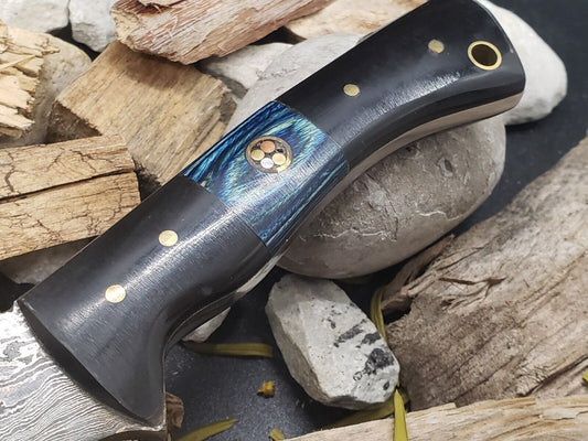 7 Inch Damascus Steel EDC Hunting Cleaver Knife with Wood and Horn Handle