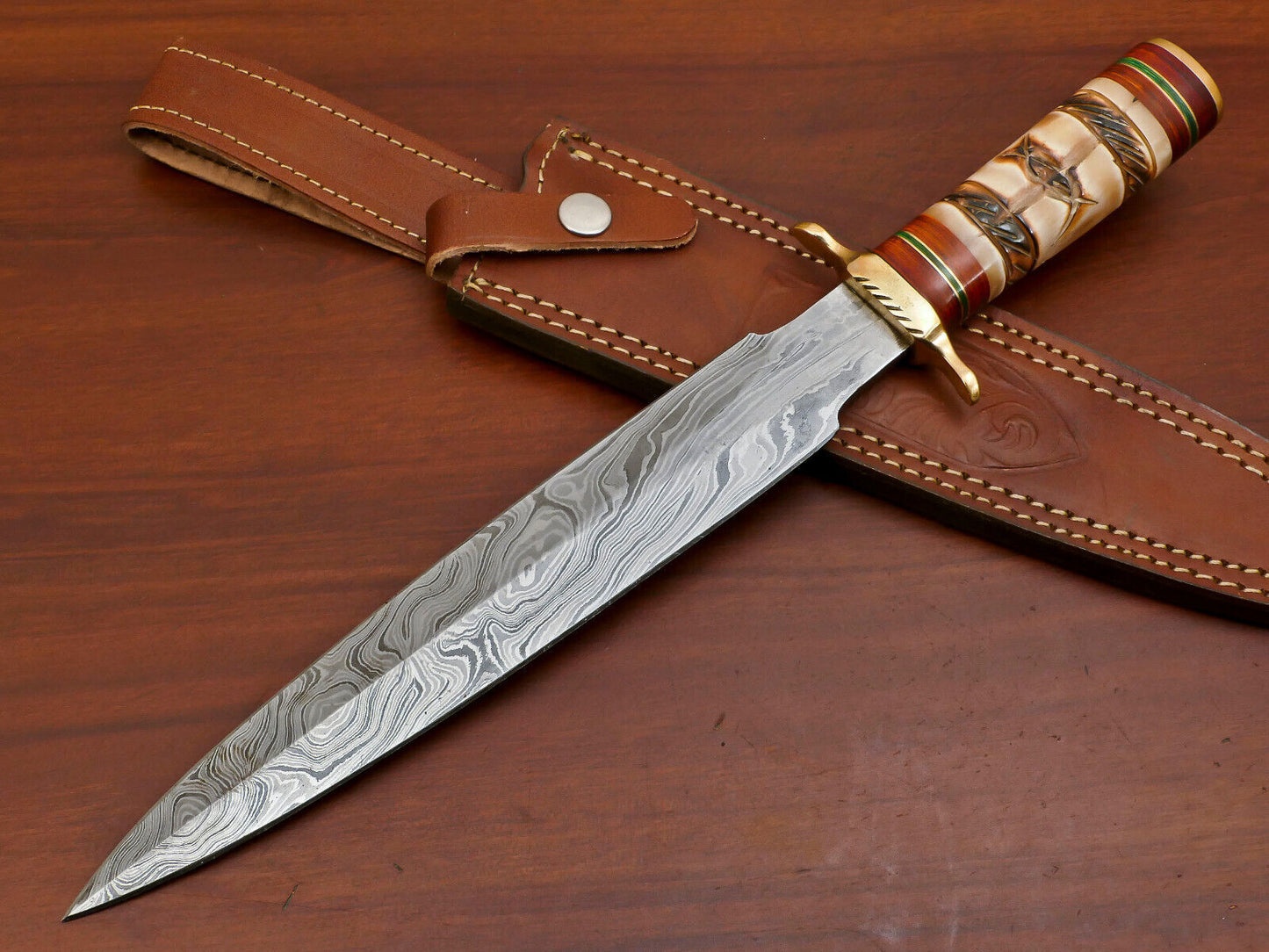 15" Damascus Art Dagger Hunting Bowie Knife – Burn Engraved Camel Bone Handle