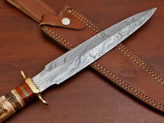 15" Damascus Art Dagger Hunting Bowie Knife – Burn Engraved Camel Bone Handle