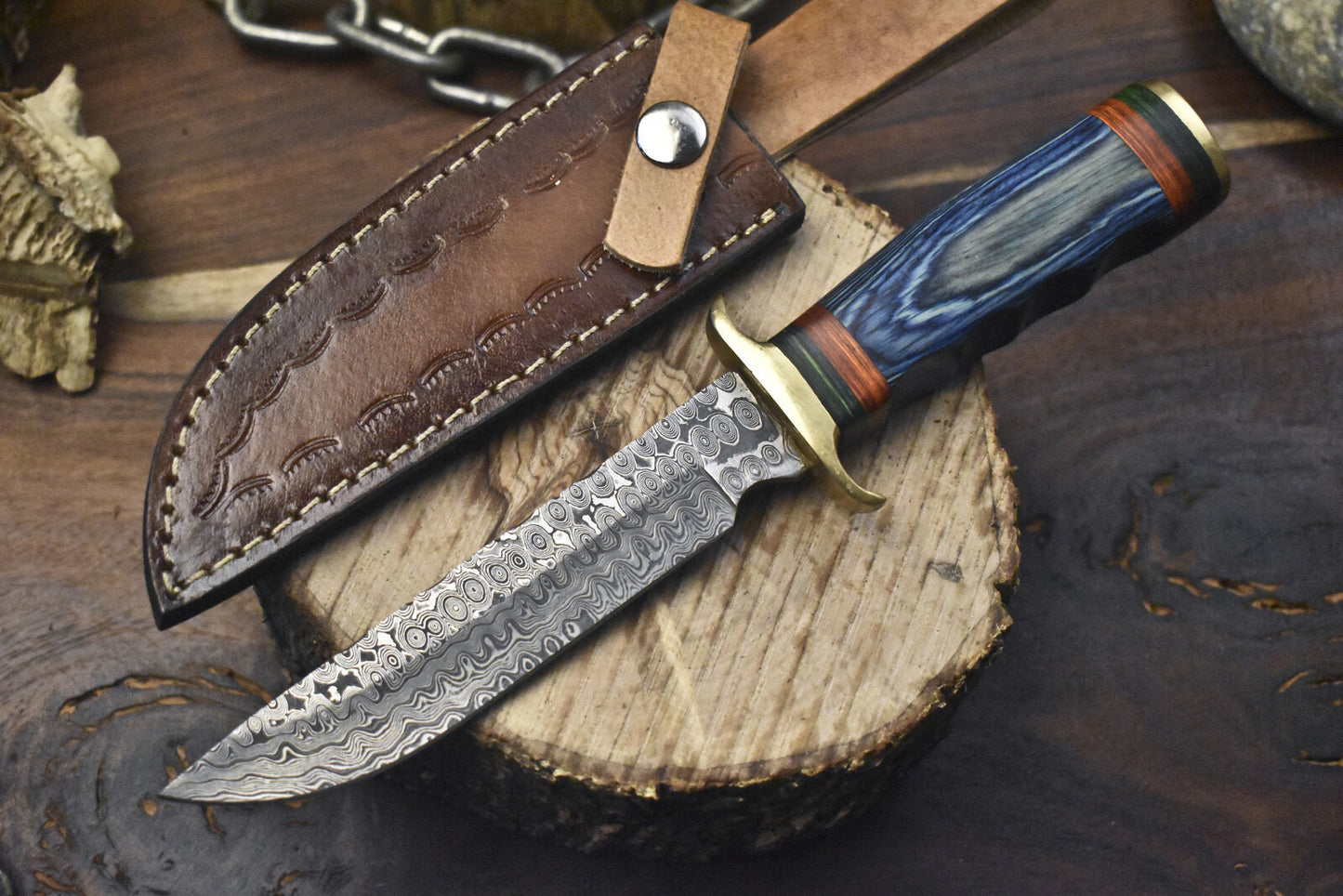 Hand Forged Hunting Skinner Knife Rain Drop Damascus Hard Wood Brass Guard with Leather Sheath