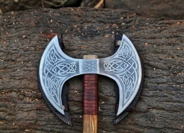 Hand Forged Double Head Viking Axe | High Carbon Steel | Handmade Gift with Leather Sheath