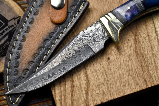 Custom Forged Raindrop Damascus Skinner Knife & Leather Sheath