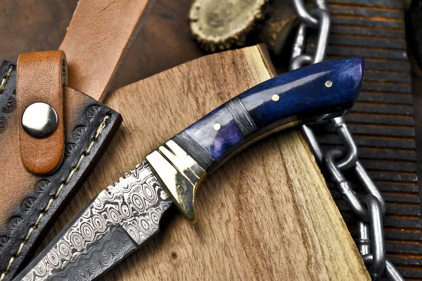 Custom Forged Raindrop Damascus Skinner Knife & Leather Sheath