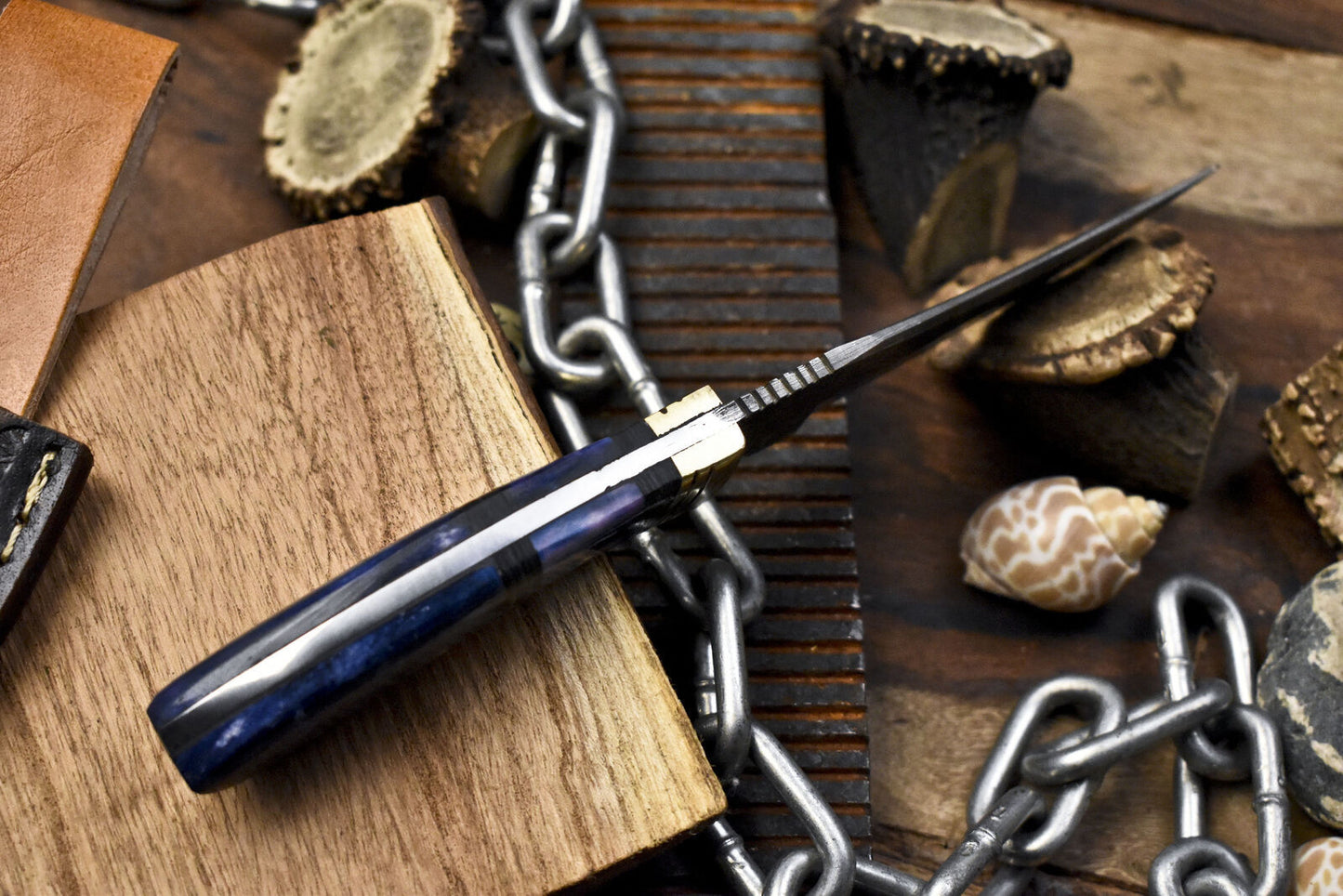 Custom Forged Raindrop Damascus Skinner Knife & Leather Sheath