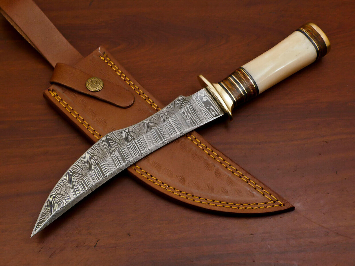 Heritage Forge Wildcrest Damascus Steel Bowie Knife with Camel Bone and Pakka Wood Handle