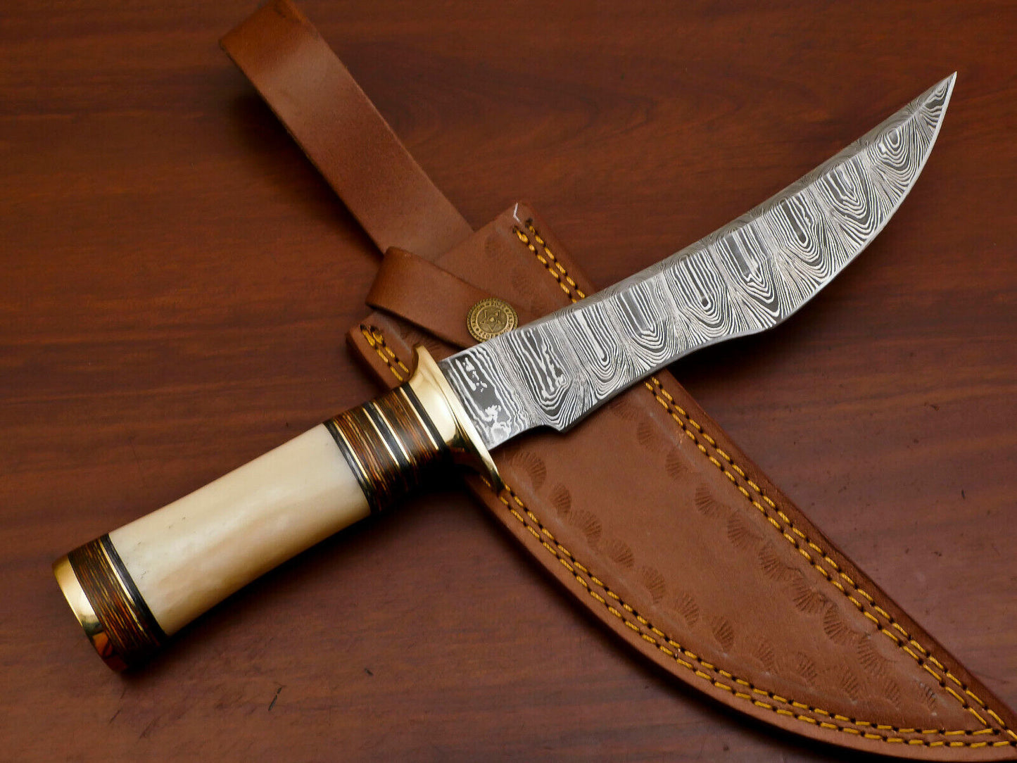 Heritage Forge Wildcrest Damascus Steel Bowie Knife with Camel Bone and Pakka Wood Handle