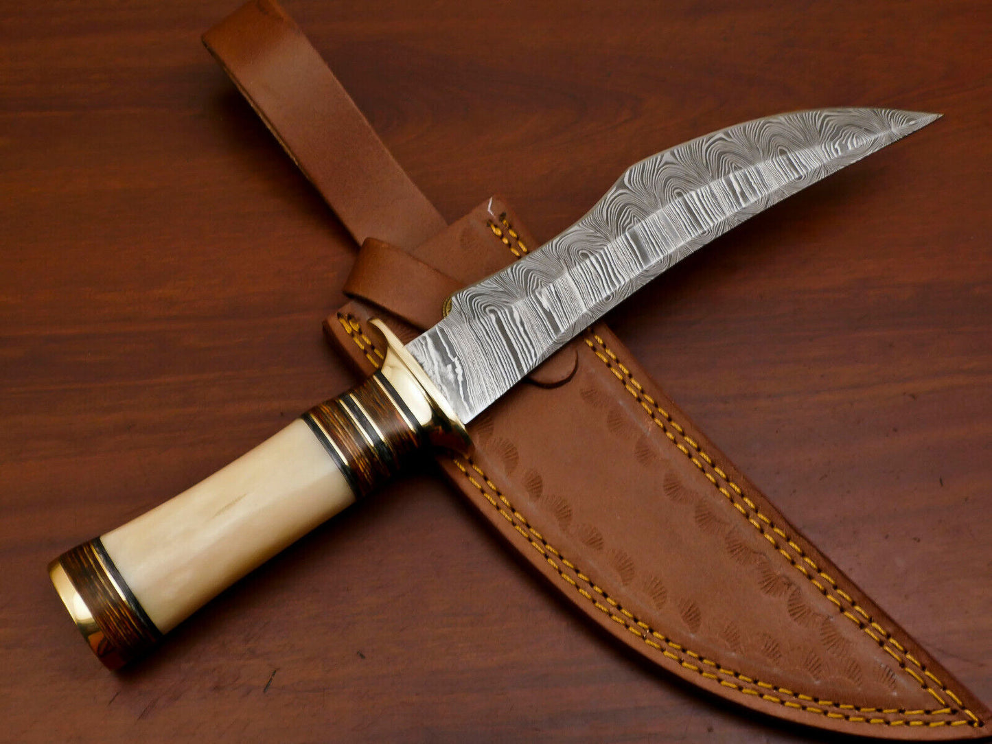Heritage Forge Wildcrest Damascus Steel Bowie Knife with Camel Bone and Pakka Wood Handle