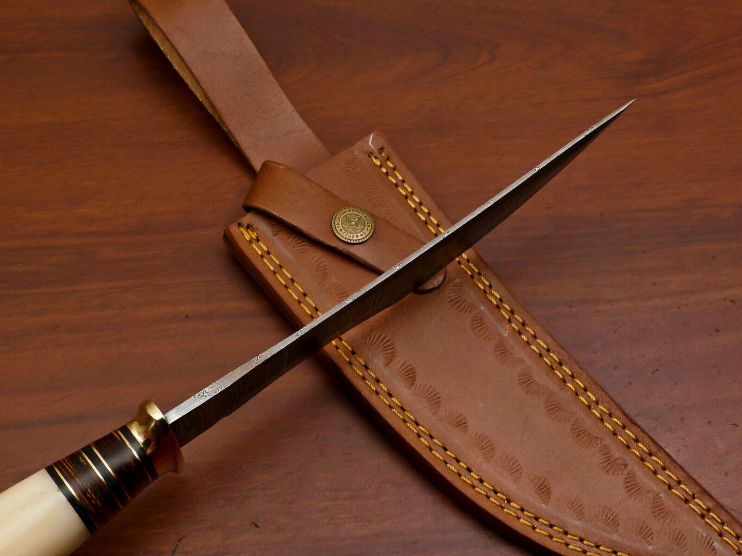 Heritage Forge Wildcrest Damascus Steel Bowie Knife with Camel Bone and Pakka Wood Handle