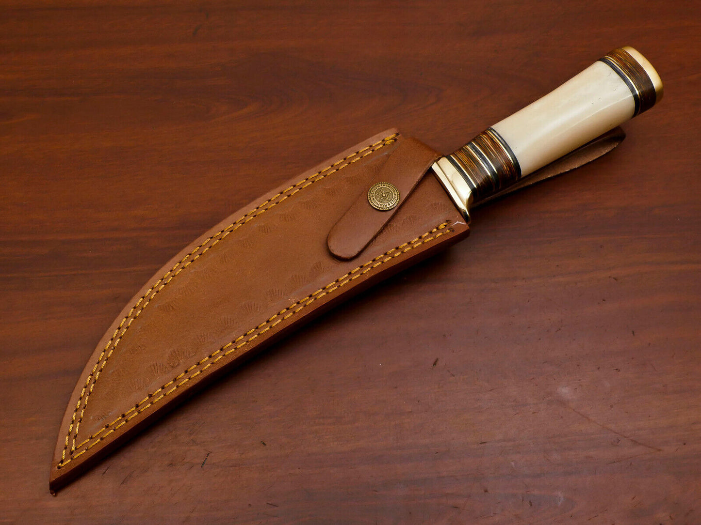 Heritage Forge Wildcrest Damascus Steel Bowie Knife with Camel Bone and Pakka Wood Handle