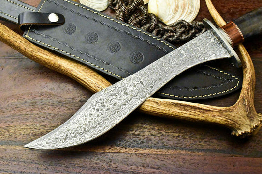 15" Handmade Damascus Steel Bowie Knife – Camel Bone Handle with Leather Sheath