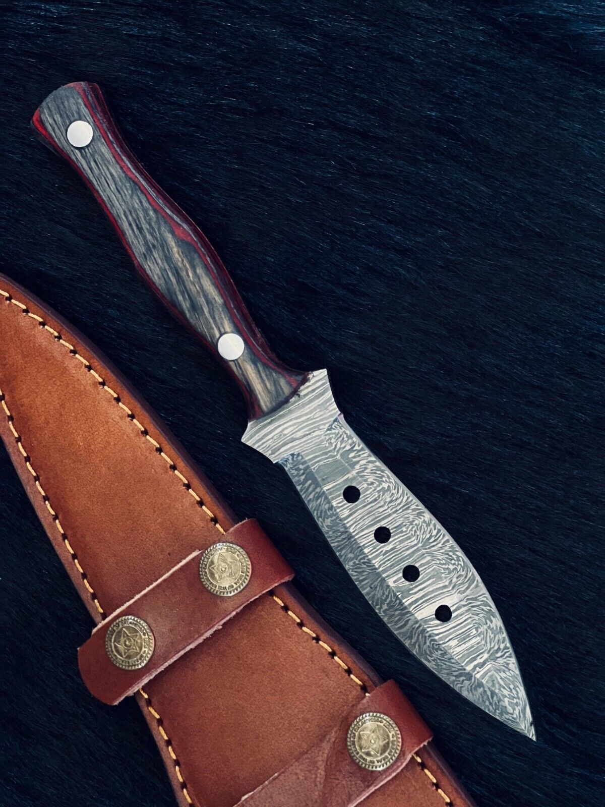 Heritage Forge 9 Inch Fire Damascus Dagger Knife with Camel Bone and Wood Handle