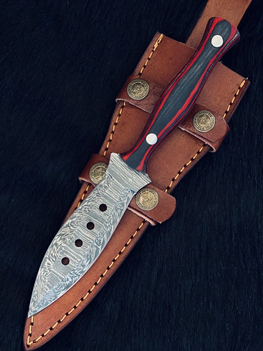 Heritage Forge 9 Inch Fire Damascus Dagger Knife with Camel Bone and Wood Handle