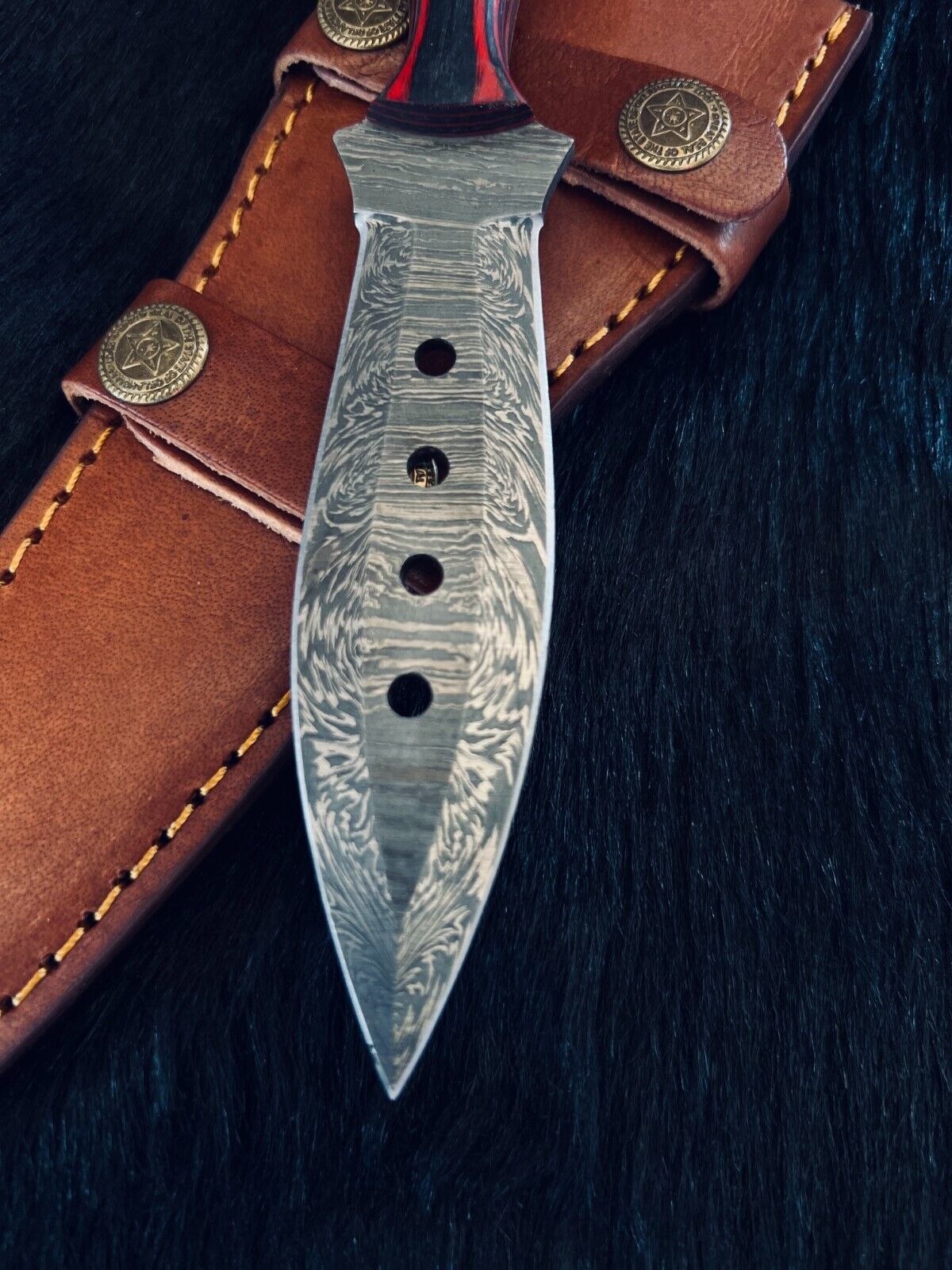 Heritage Forge 9 Inch Fire Damascus Dagger Knife with Camel Bone and Wood Handle