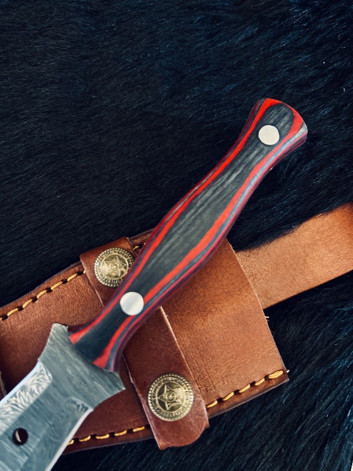 Heritage Forge 9 Inch Fire Damascus Dagger Knife with Camel Bone and Wood Handle