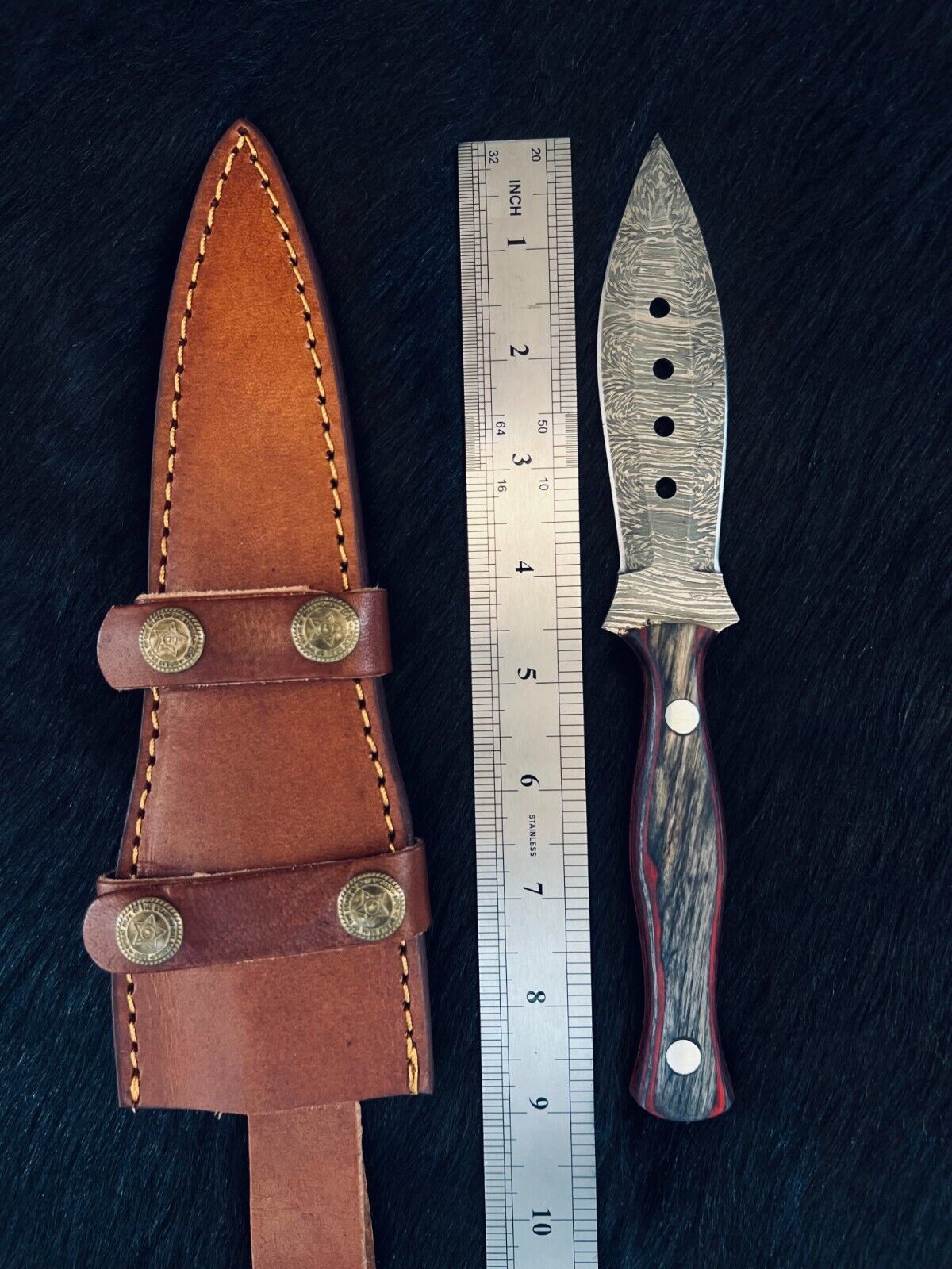 Heritage Forge 9 Inch Fire Damascus Dagger Knife with Camel Bone and Wood Handle