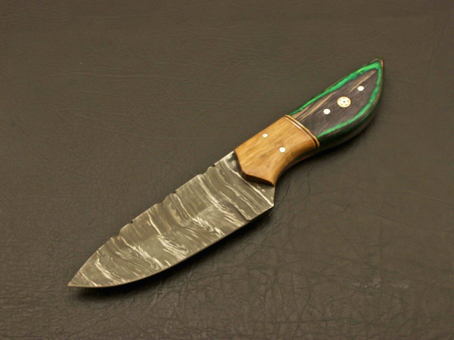 8" Custom Hand Forged Damascus Skinner Knife with Pure Wood Handle and Leather Sheath