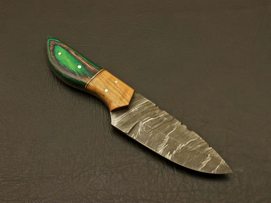 8" Custom Hand Forged Damascus Skinner Knife with Pure Wood Handle and Leather Sheath