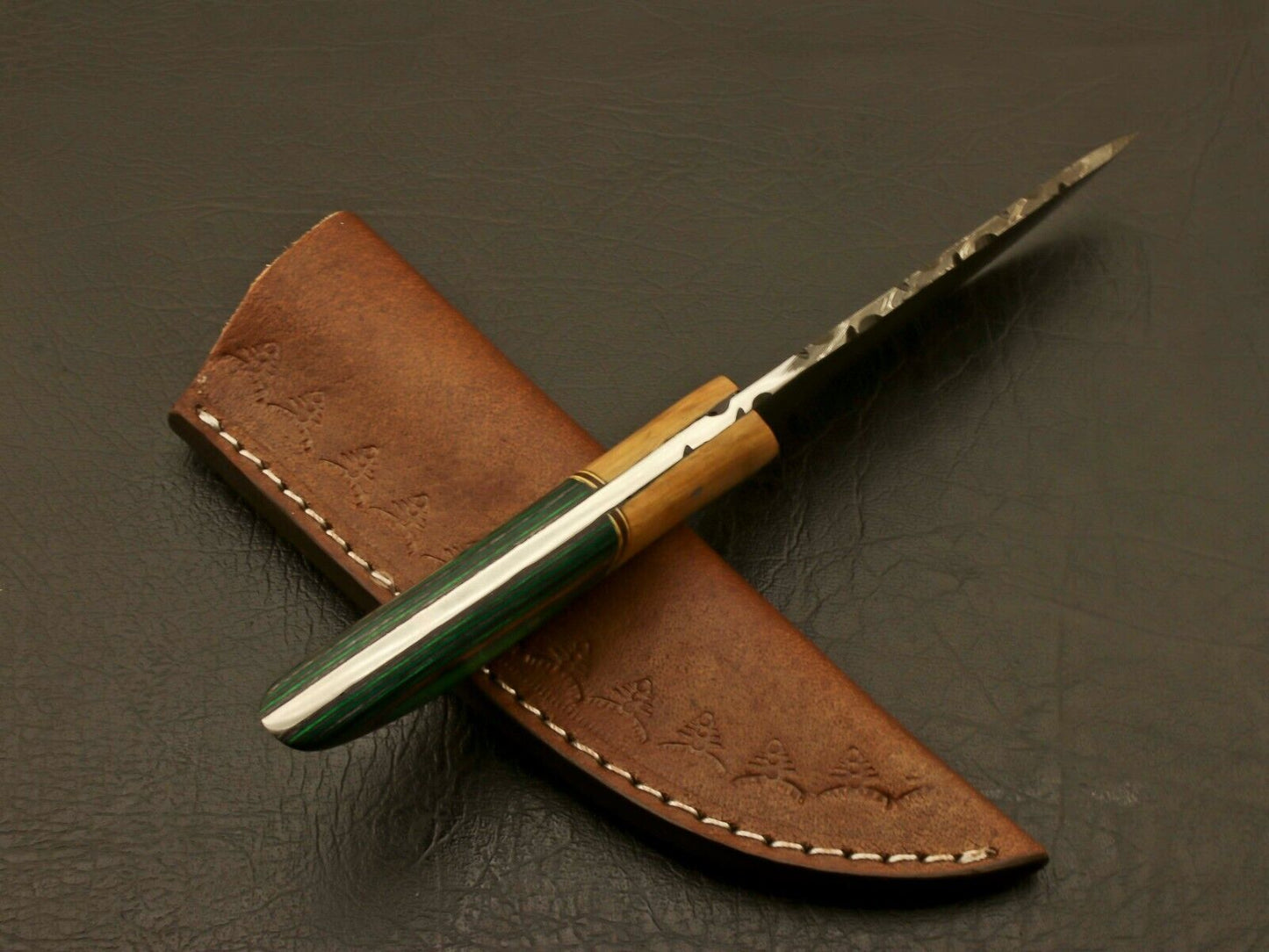 8" Custom Hand Forged Damascus Skinner Knife with Pure Wood Handle and Leather Sheath