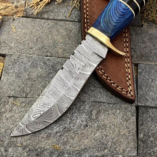 12" Custom Hand Forged Damascus Steel Bowie Knife – Hunting & Camping with Leather Sheath