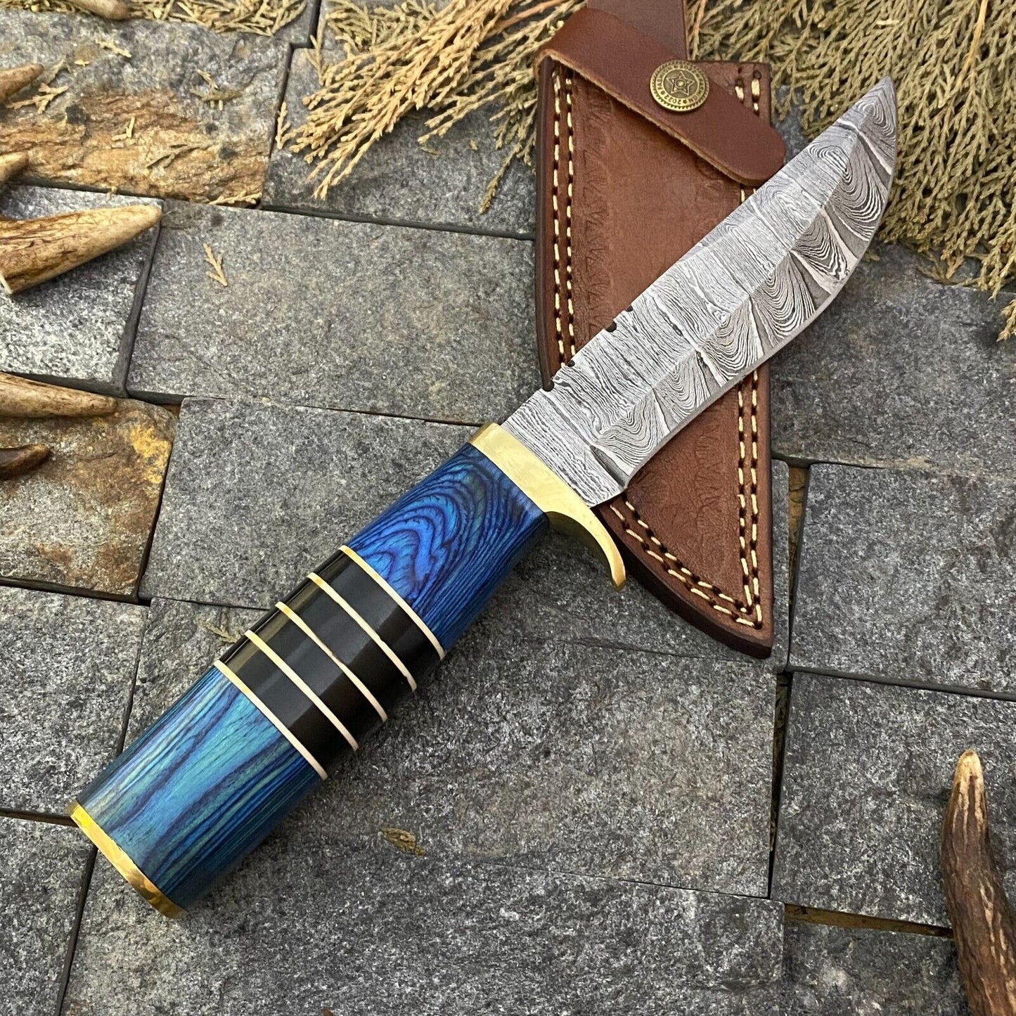 12" Custom Hand Forged Damascus Steel Bowie Knife – Hunting & Camping with Leather Sheath