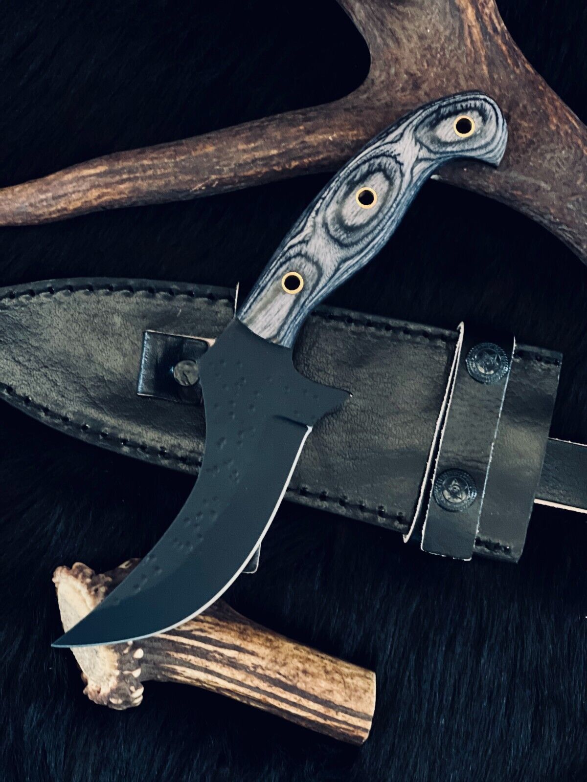 9" D2 Steel Bowie Knife – Camel Bone & Wood Handle with Damascus Bolster