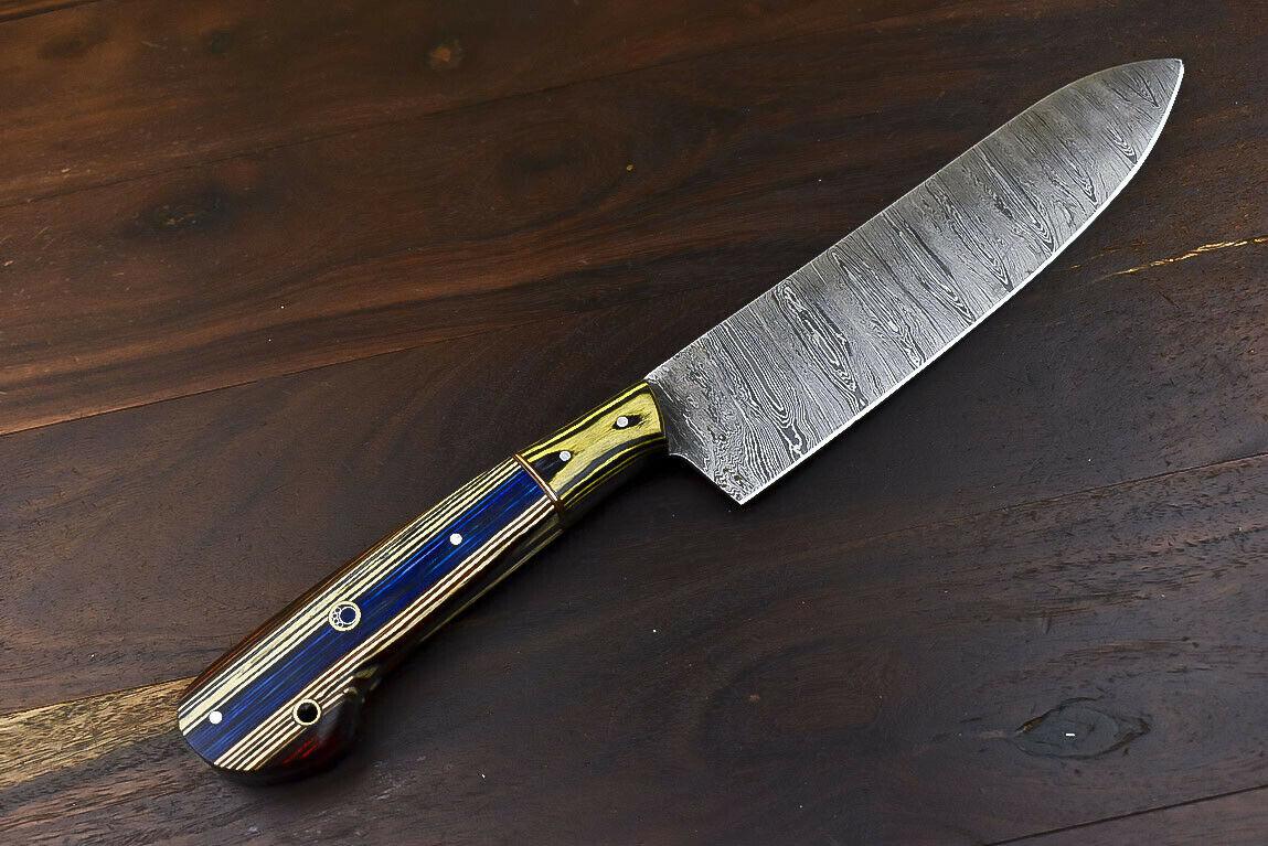 Custom Hand-Forged Damascus Steel Combat, Hunting & Chef Knife with Hard Wood Handle, 8.5-Inch Blade, 14-Inch Overall, Wooden Bolster, Full Tang, Oil-Tempered 58-60 HRC