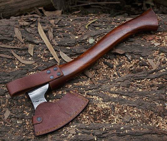 16-Inch Handmade Damascus Steel Axe Hatchet | Camping Bearded Viking Axe with Rosewood Handle & Leather Sheath
