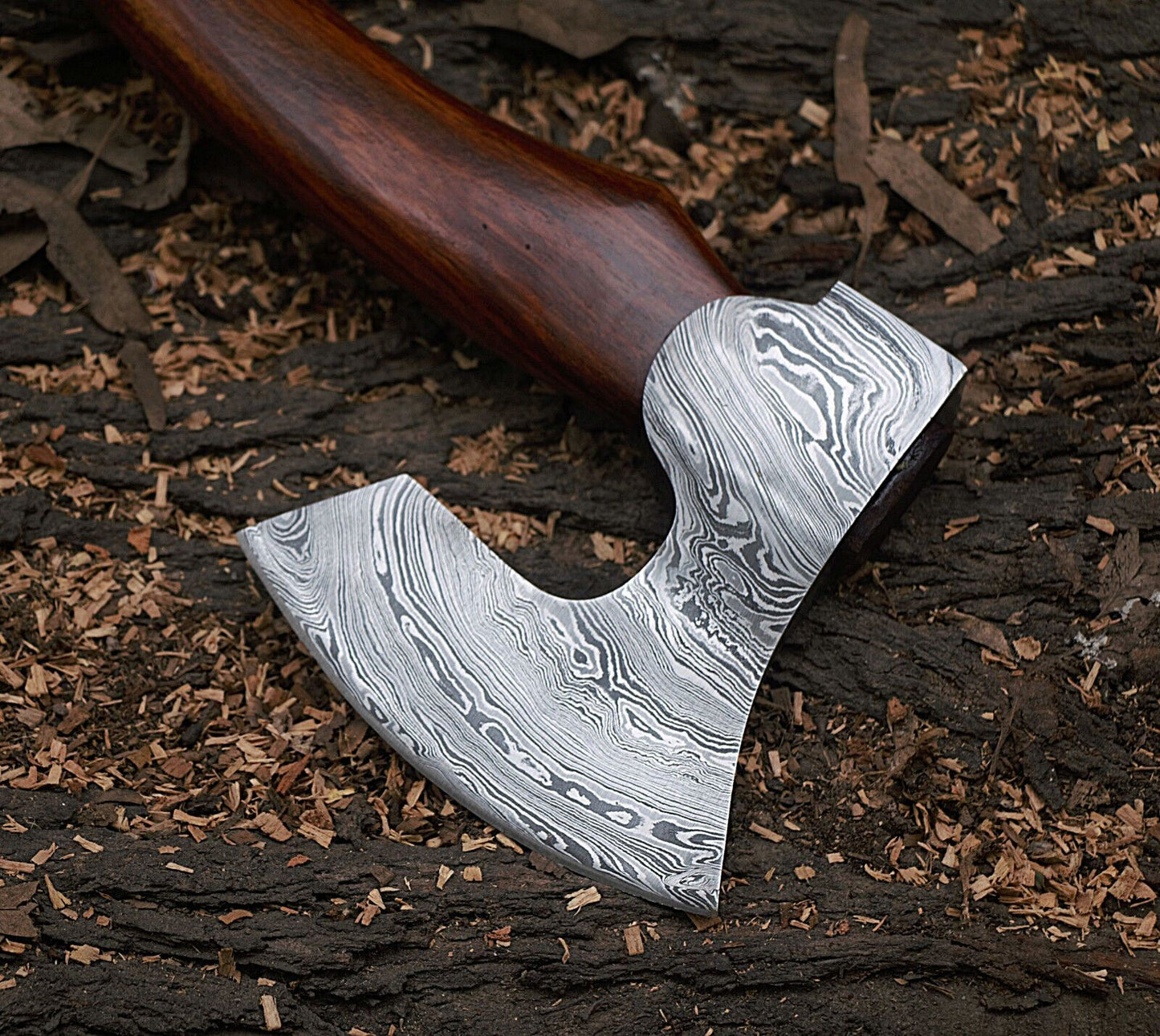 16-Inch Handmade Damascus Steel Axe Hatchet | Camping Bearded Viking Axe with Rosewood Handle & Leather Sheath