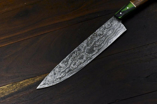 Hand Forged 13" Damascus Steel Hunting & Chef Knife with Walnut Wood Handle and Wooden Bolster
