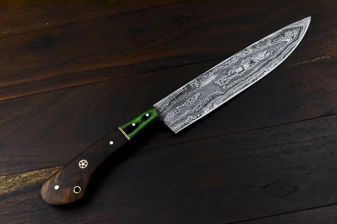 Hand Forged 13" Damascus Steel Hunting & Chef Knife with Walnut Wood Handle and Wooden Bolster