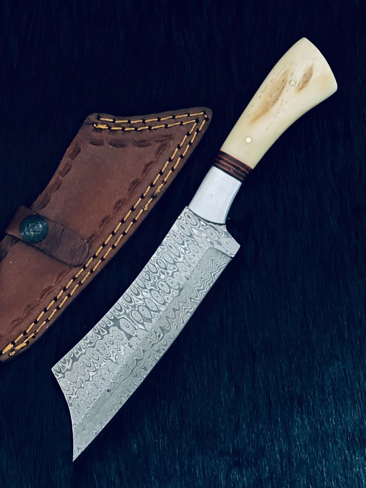 10 Inch Handmade Twist Damascus Machete Hunting Knife with Camel Bone and Wood Handle